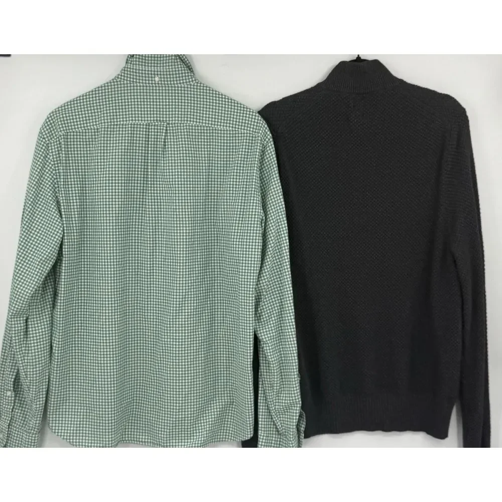 J Crew‎ Qtr Zip Charcoal Grey Sweater & Green White Check Oxford Shirt XL Slim